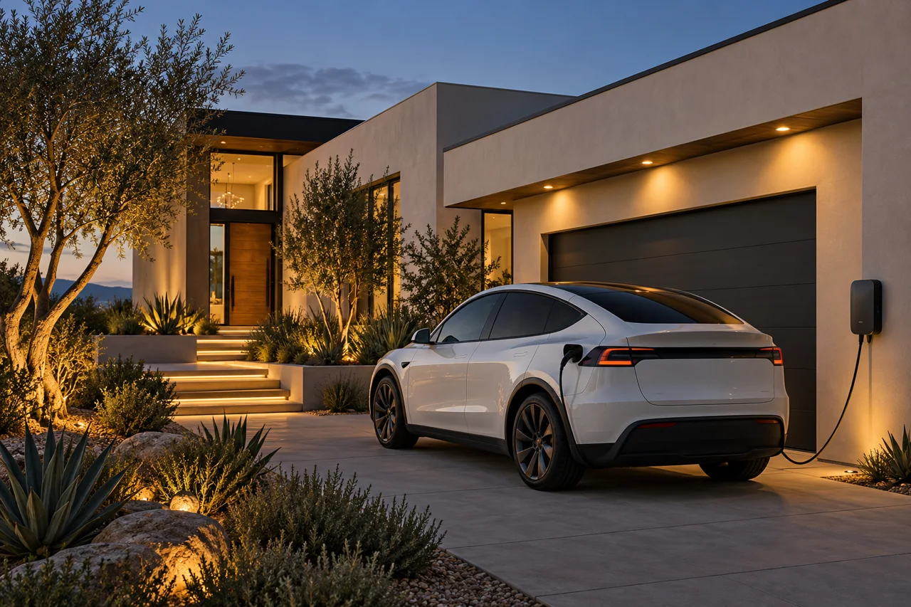 Illustration of a Southern California home with a wall-mounted EV charger and an electric car
