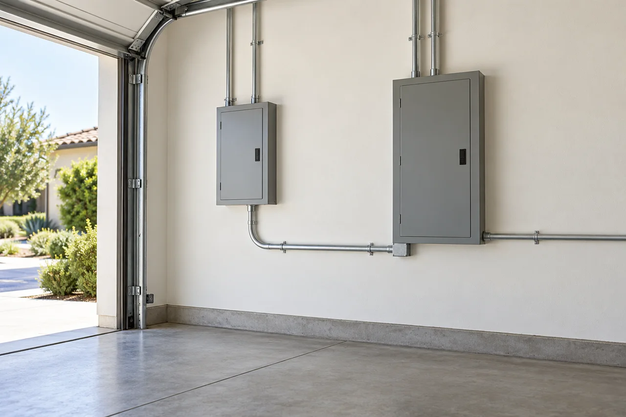 Illustration of enclosed electrical equipment with orderly surface conduit in a garage