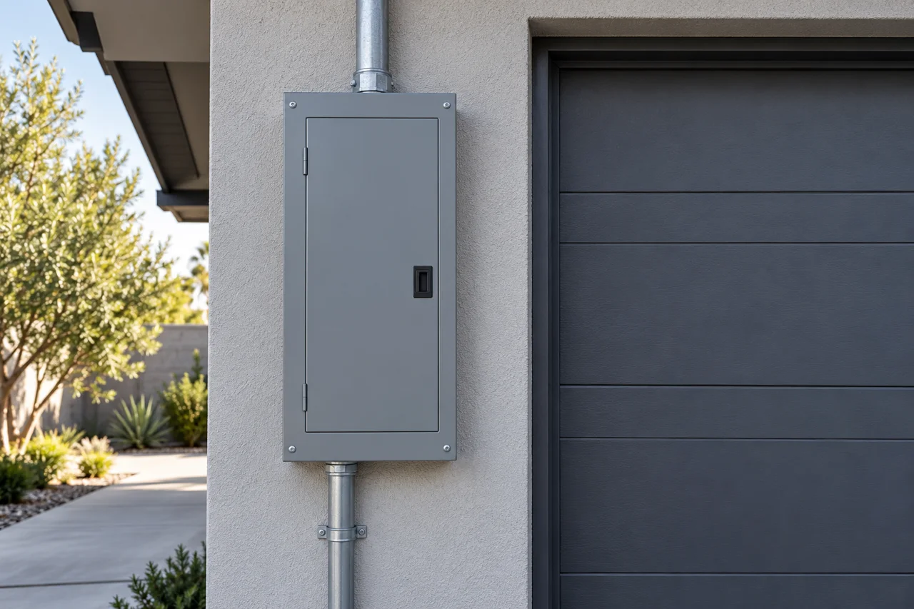 Illustration of a closed residential electrical panel on a stucco wall